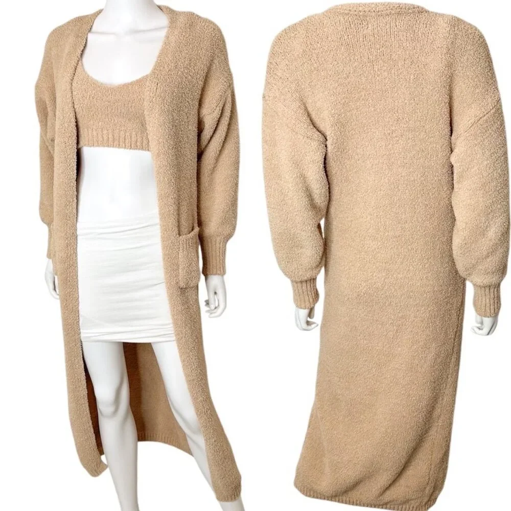 RESA Teddy Cozy Lounge Set Bralette Crop Top and Cardigan Robe in Taupe Tan Sz S